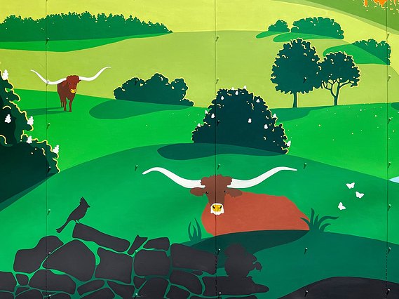 A Texas longhorn sits peacefully among green hills, chestnut trees, and a stone wall. 