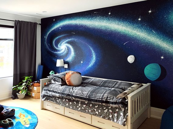 The final bedroom mural with furniture in place. 