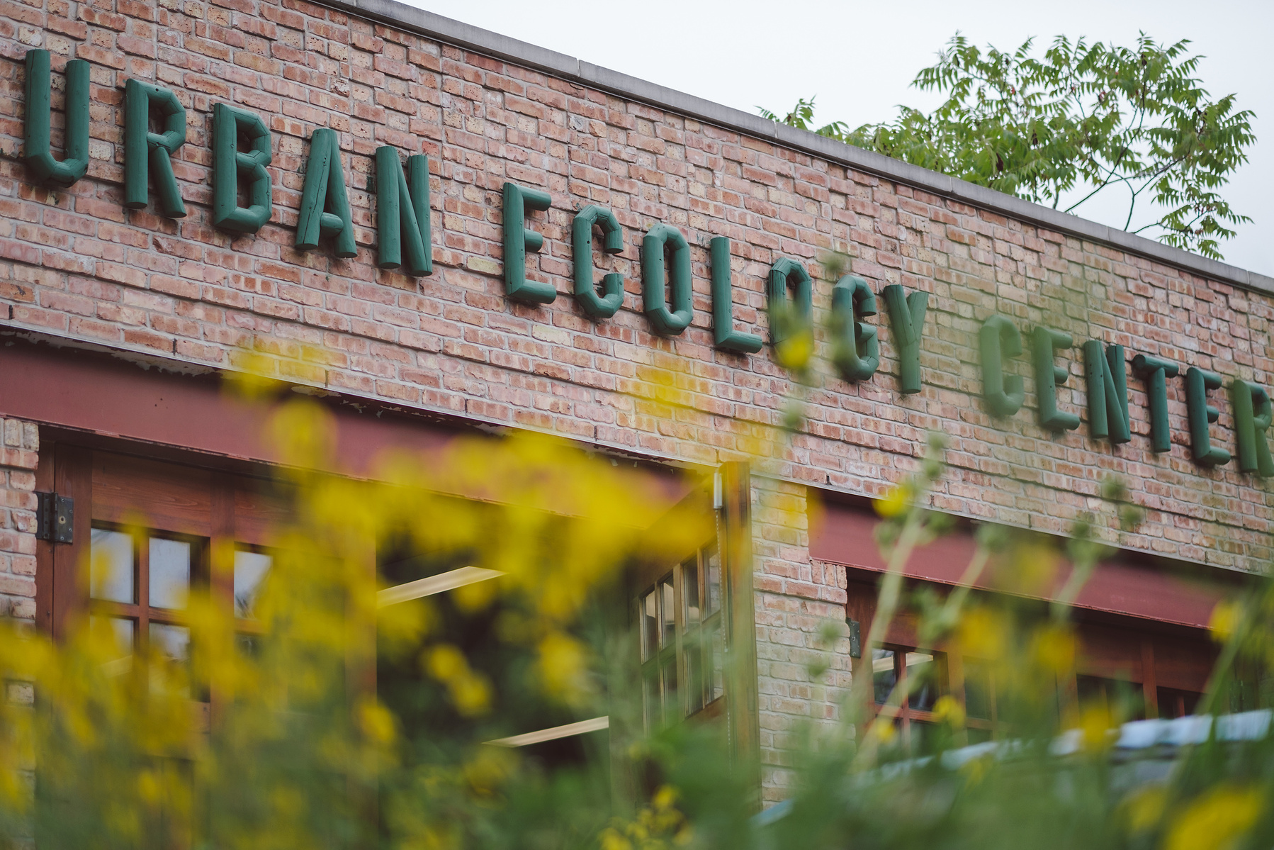 Urban Ecology Center as a Top wedding venue in Milwaukee, WI.  Photo is of the facade of the building with flowers in the foreground.  Color photograph.