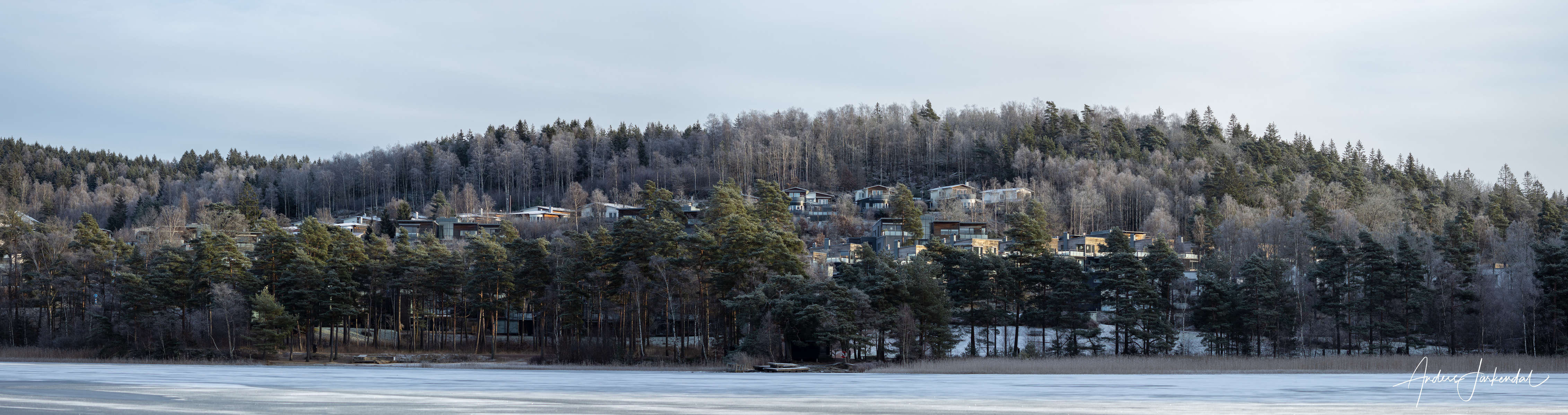 Panorama photo over Ötjärn towards Nysäter in Mölnlycke, Sweden