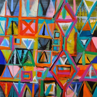 Colorful abstract painting with triangles and squares