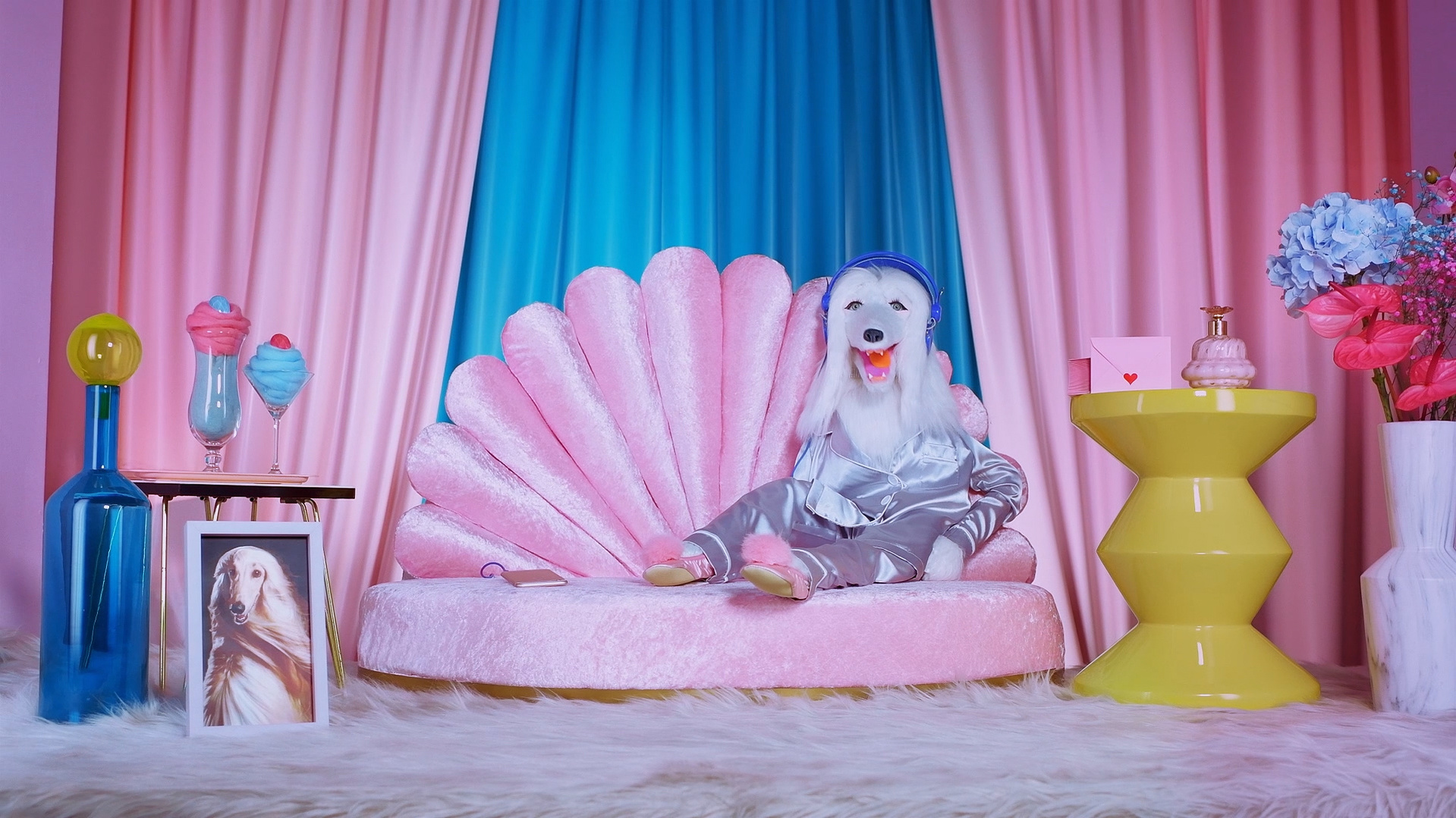 Behind the scene of the Dear Klarna shoot, with Lola Lavish an Afghan greyhound puppet sitting in a pink background. 
Direction + Character design & Puppet Making by Ben&Julia Studio // Agency: DOJO Berlin