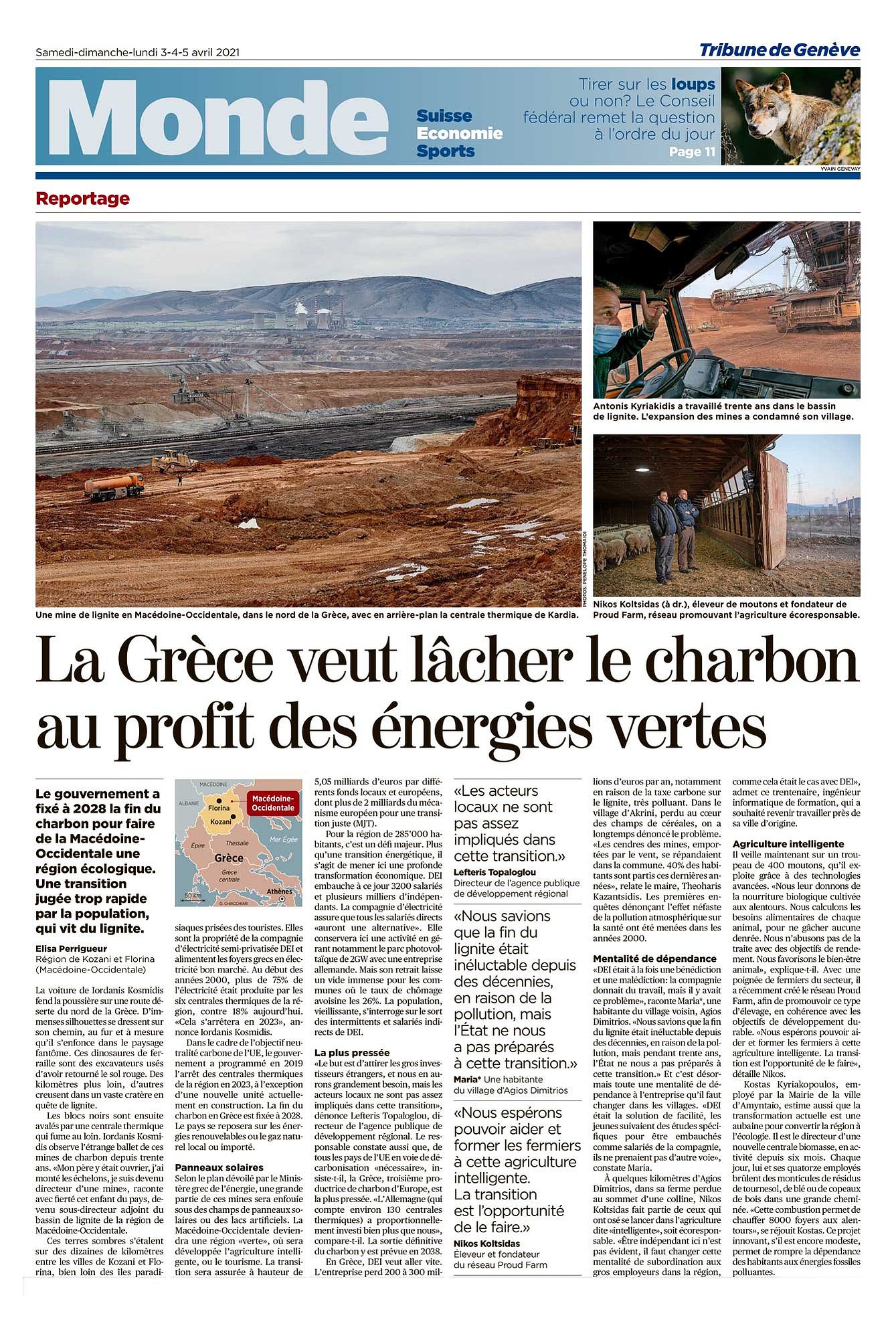 Lignite mining in Greece. Tear-sheet from La Tribune de Genève