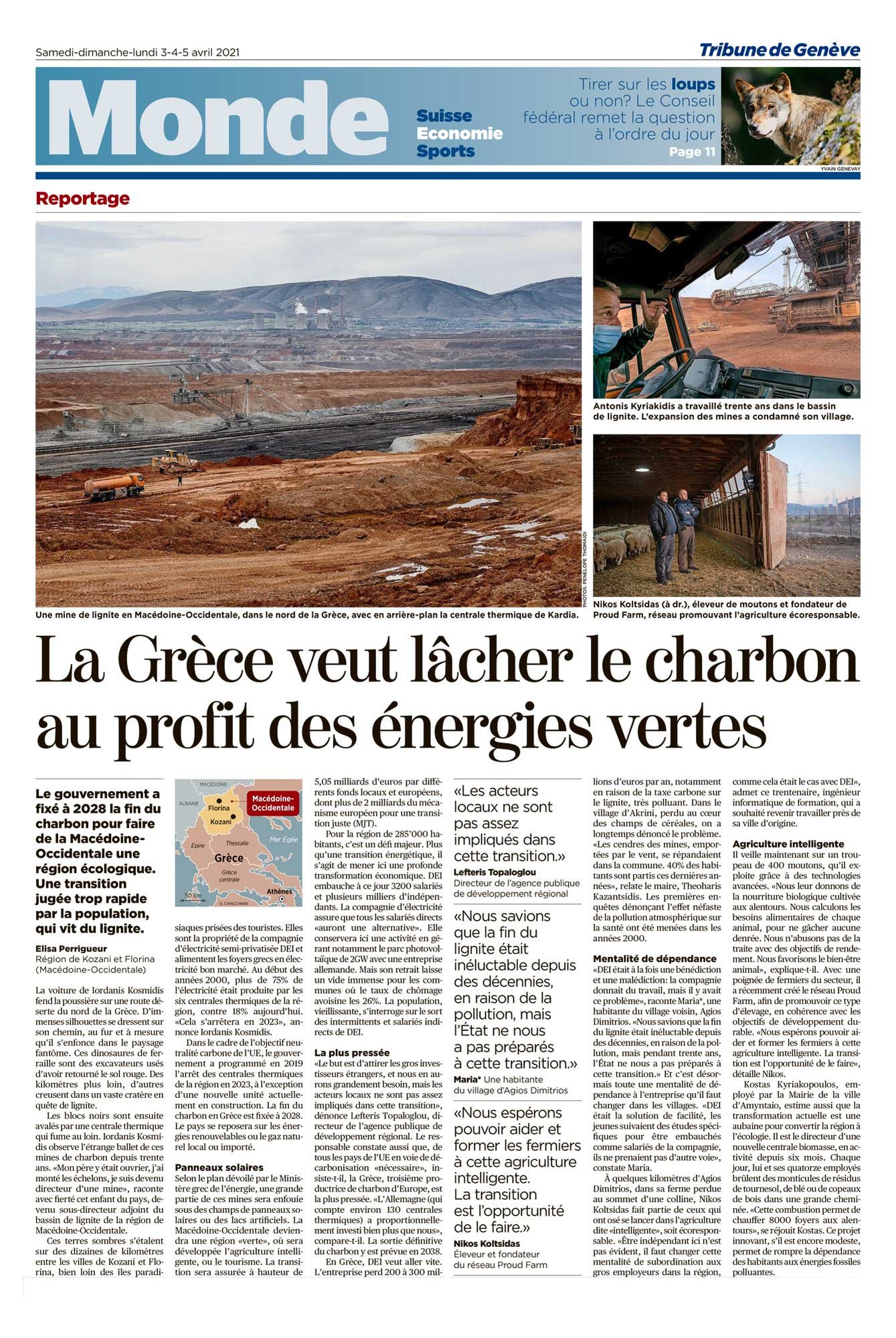 Lignite mining in Greece. Tear-sheet from La Tribune de Genève