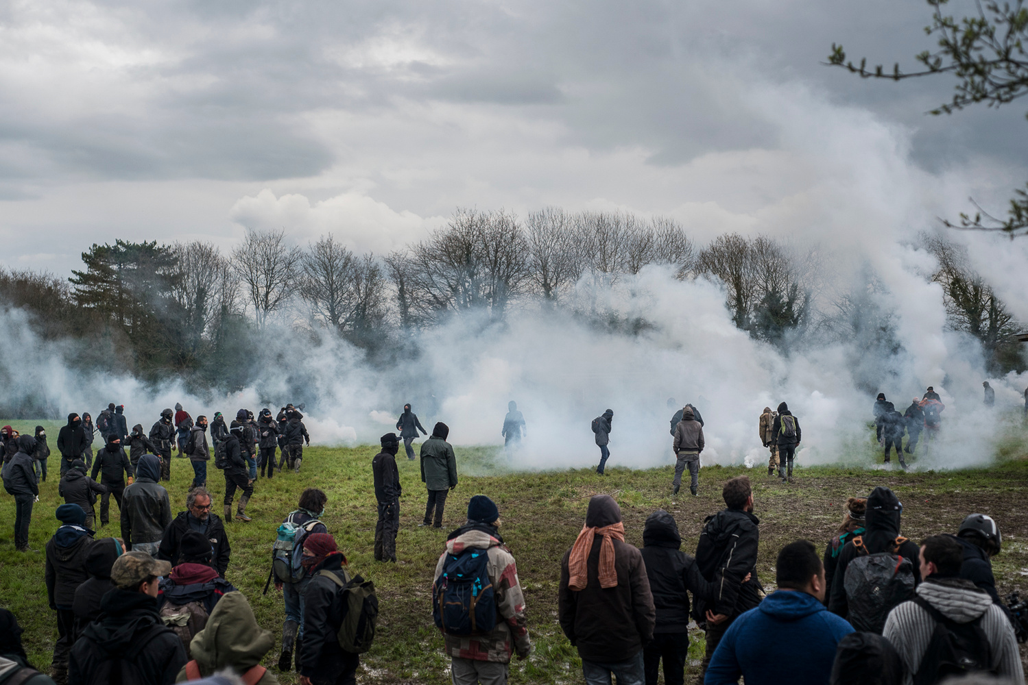 Clash between activists and supporters of the ZAD and the police while defending the 100 noms collective, ZAD of Notre-Dame-des-Landes, France, April 9th, 2018.