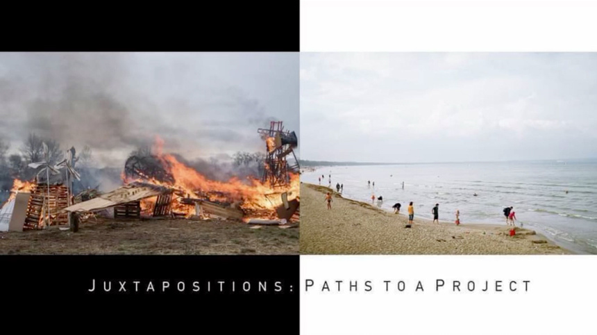Banner for photographer's talk "Juxtapositions: Paths to a project" with photographers Penelope Thomaidi and Eleni Mouzakiti