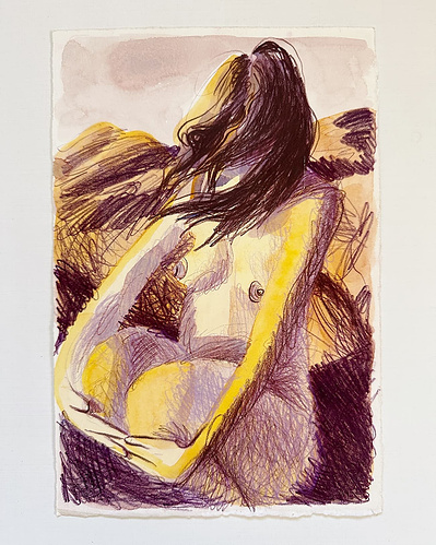 A loose colour pencil and watercolour drawing of a naked woman crouching in a hilly landscape, her face obscured by her hair blowing across it. The pallet is limited to brown and purple with a yellow sunlit glow on the woman and hills.
