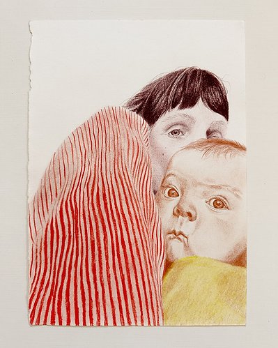 A colour pencil portrait of the artist and baby from a low angle. The shoulder and head elements are arranged boulder-like in seperate colours. The red lined texture of the artists cardigan dominates the composition with the heads peeping alongside.