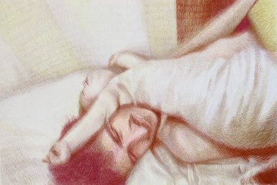 A colour pencil drawing of a small child lying backwards across the face and chest of their father on a bed. A silly and tender moment. The layers of brown, purple and yellow pencil strokes create a soft hazy image.