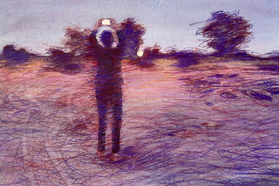 A colour pencil drawing of a figure from behind raising a phone to take a photo of a moon rising across a landscape. It is depicted in loose strokes of purples and orange on top of a watercolour wash.