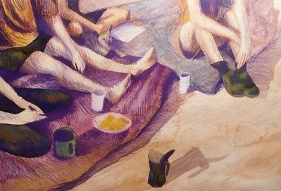 A watercolour and colour pencil drawing of a group of people sitting on rugs with a plate of oranges, mugs and coffee pot visible. The view is cropped so only the lower half of the people next to the food is in frame.