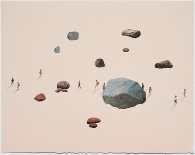 A colour pencil drawing of tiny figures viewed from above, against a light brown background. The figures are walking from right to left along a trail past some rocks collaged onto the paper. A slight shadow is cast by each person.
