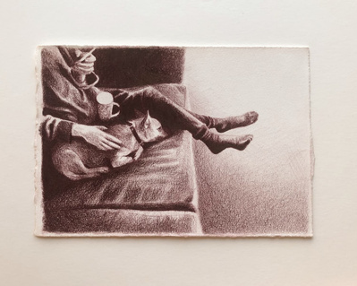 A brown pencil drawing of a person and small dog sitting on a couch. Only the torso and legs of the person are visible as they pat the dog while looking at their phone with a mug in the lap.