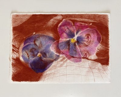 A brown pencil drawing portrait of the artist and baby with their heads resting on a pillow. the mother is awake looking at the viewer and the baby is asleep. A pair of blue and purple pansies are superimposed across the faces. 