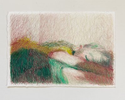 A small drawing using colour pencils of a sleeping baby's head and arm resting on a mother's chest. The angles and lines of the bodies are reminiscent of a hilly landscape. The colours used are greens and pinks of layered loose pencil strokes.