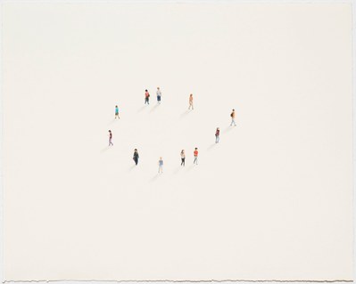 A colour pencil drawing of tiny figures viewed from above against a plain white background. The figures are walking away from each other in the form a circle. A slight shadow is cast by each.