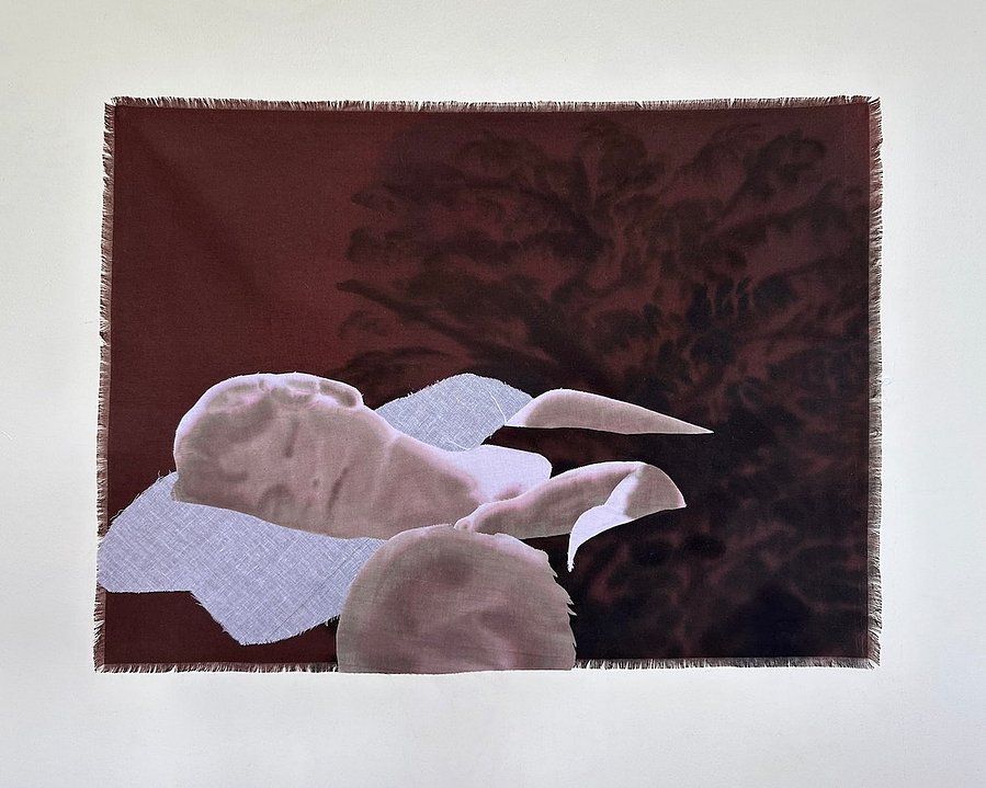 A wall hanging with frayed edges depicting a mother and baby sleeping. The background is dark brown with an inky tree. The figures are painted onto light coloured fabric that has been stitched on top. The clothed area is bare to reveal the tree underneath