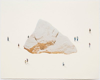 A colour pencil drawing of tiny figures viewed from above against a plain white background. The figures are walking around a large rock collaged onto the paper. A slight shadow is cast by each person.
