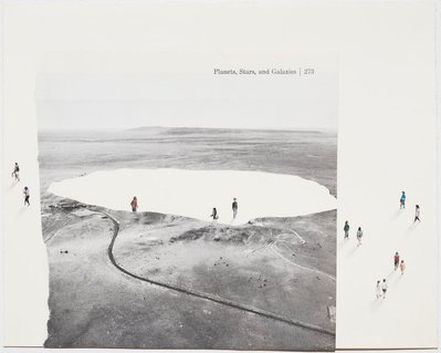 A colour pencil drawing of tiny figures overlayed with a collaged black and white book page. It features a barren landscape with the shape of a crater cut out and the words 'Planets, Stars, and Galaxies'  in the top right corner.  