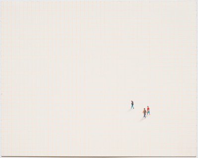 A colour pencil drawing of three tiny figures walking across the page. The paper has a faint orange grid drawn on with pen. The people each cast a faint shadow.