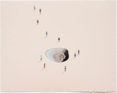 A colour pencil drawing on light brown paper of tiny figures viewed from above. The figures are walking from the top edge of the paper down towards, and then around, a small collaged crater. A slight shadow is cast by each figure.
