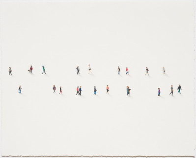 A colour pencil drawing of tiny figures viewed from above against a plain white background. The figures are walking in two lines going opposite directions across the page. A slight shadow is cast by each person, and one figure is walking a dog.