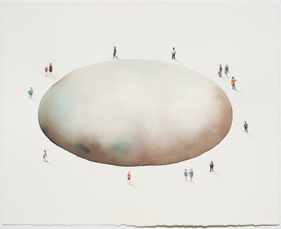 A colour pencil drawing of tiny figures viewed from above, against a plain white background. The figures are walking around a large watercolour oval shaped pool.  A slight shadow is cast by each person.