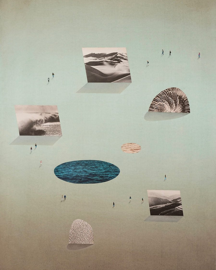 Left side of a diptych drawing with tiny figures walking in a loop around a surreal blue toned landscape. Landmarks in the form of hills, pools and large screens dot the trail and are made from collaged images from an old encyclopaedia