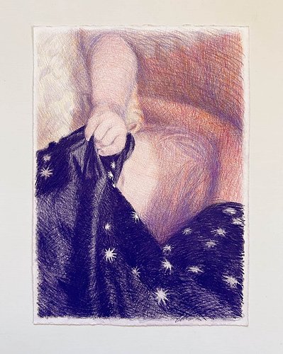 A drawing made using colour pencils of a baby pulling a mother's shirt across its face as it breastfeeds. The shirt in dark blue has white stars across its surface. The rest of the image is depicted in layers of orange and lilac pencil strokes. 