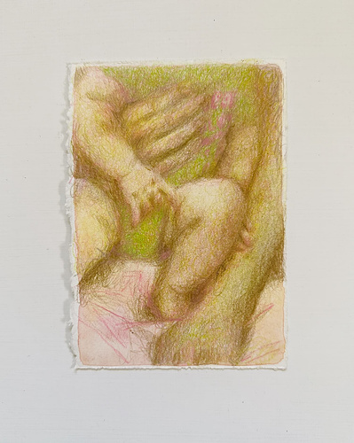 A small colour pencil drawing in pink and yellow-green of a baby sitting in the lap of its parent. The view is cropped to only show the baby's torso and limbs emphasising the gentle gesture of being held.