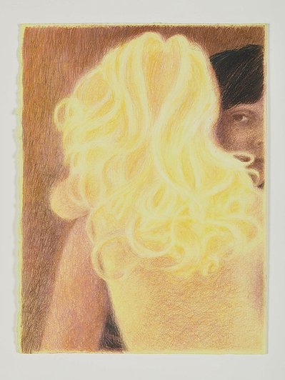 A drawing with colour pencils of the back of a childs head and back with a mothers face peeking on the side. The yellow wash background is luminous through the drawing on the hair and skin of the child.
