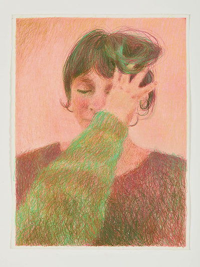 A drawing using colour pencils of a childs hand reaching from out of frame playing with the hair of its mother. The mother has her eyes closed. The drawing is in pinks, browns and greens against a pink wash background.
