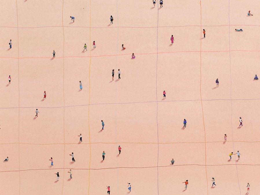 A colour pencil drawing of tiny people against a vast peach coloured background wash. Each of the figures is within its own section of a loosely drawn grid. Some are sitting, some standing, others appear to be chatting
