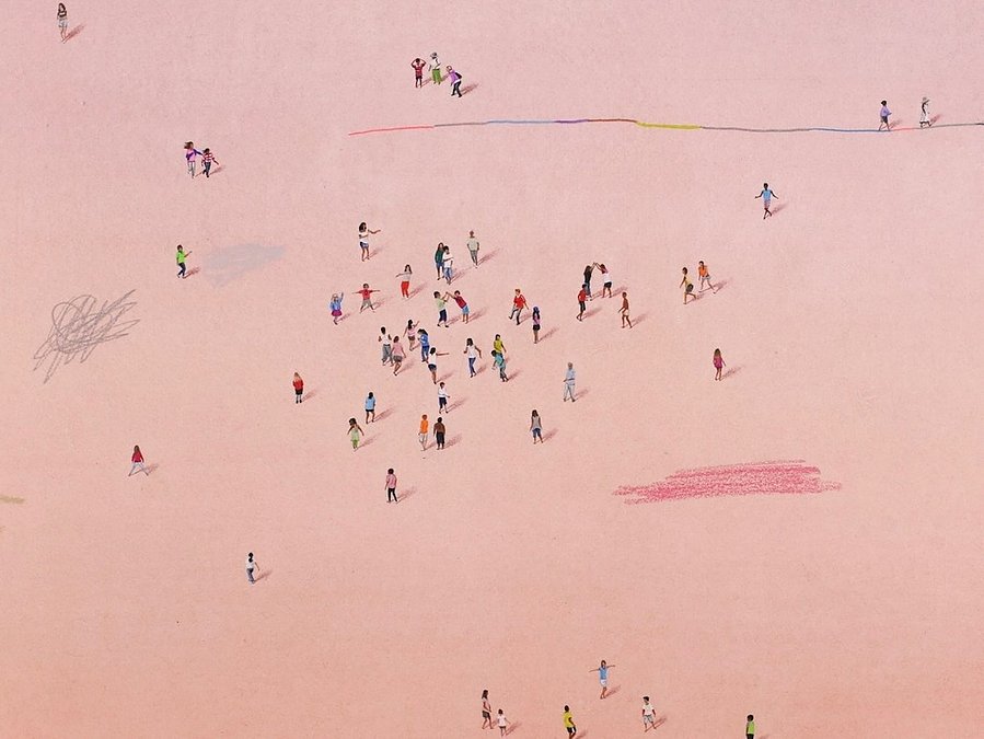 A colour pencil drawing of tiny people against a vast pink/purple background gradient. The figures are dispersed across an imagined landscape scattered with scribbled and drawn pencil marks. The figures are playing with each other and landscape features