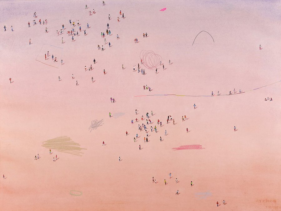 A colour pencil drawing of tiny people against a vast pink/purple background gradient. The figures are dispersed across an imagined landscape scattered with scribbled and drawn pencil marks. The figures are playing with each other and landscape features
