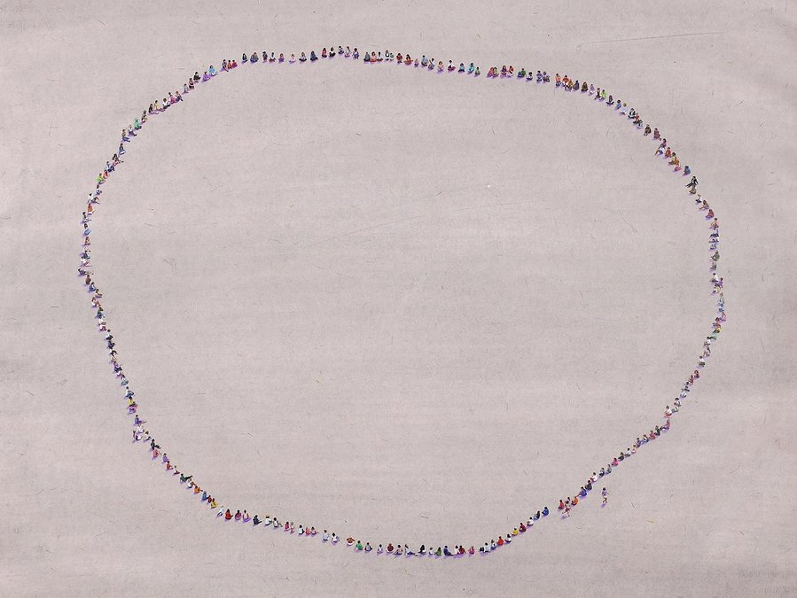 A colour pencil drawing of tiny people against a vast grey background wash. The figures are seated in an enormous circle with hundreds of participants playing 'duck, duck, goose’
