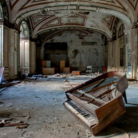 Step into the haunting beauty of Lee Plaza, an abandoned building in Detroit, MI. Witness a baby grand piano, leaning on its last leg, as streaks of light create an ethereal atmosphere from left to right. Explore the forgotten allure of decay