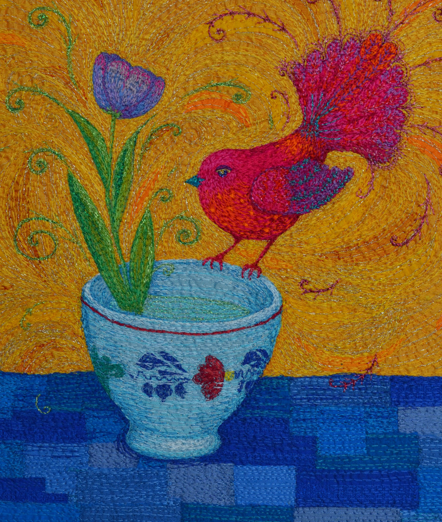 silk embroidery flowers art bird tulip fantail bowl original textiles saskia