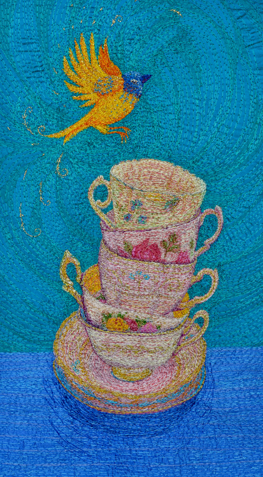 silk embroidery stacked teacups art bird yellow original textiles saskia