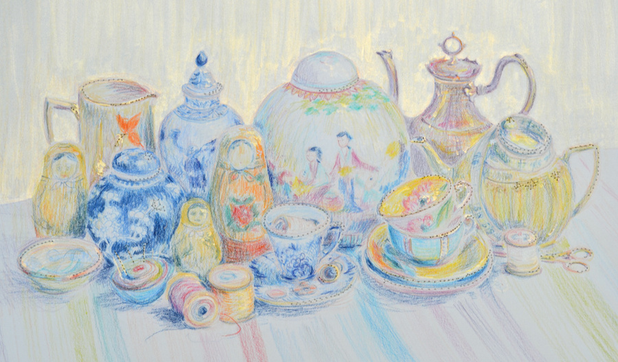 observational drawing and colour study of still life of favourite family items