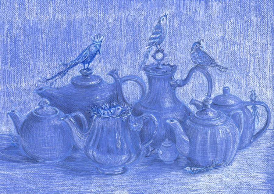 collection of teapots drawn as still life, with birds added in playful imaginative way