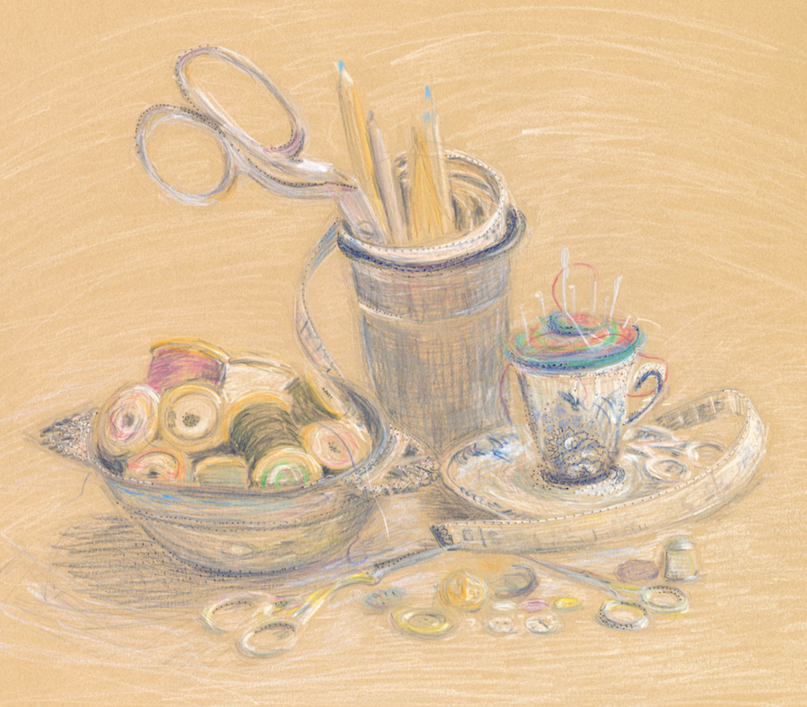 still life study of grouping of sewing notions, bowl of threads, scissors and pin cushion teacup