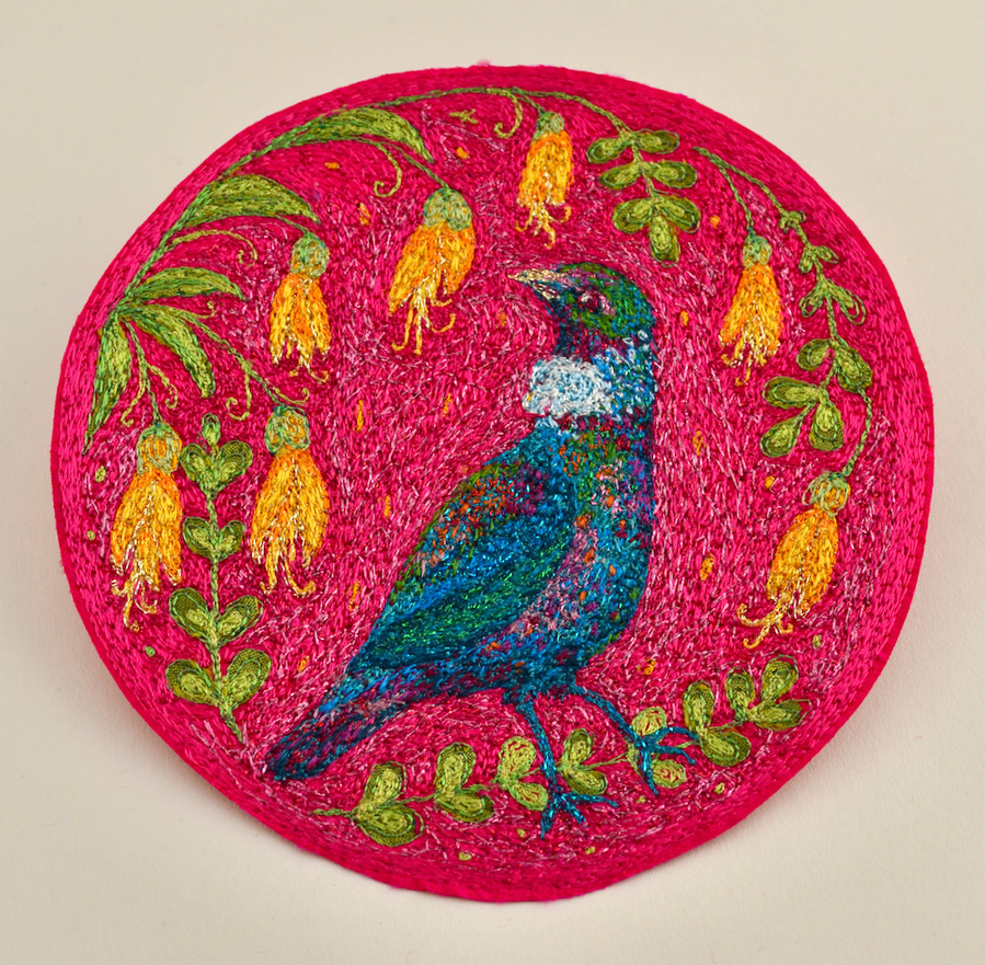 silk embroidery tui kowhai flowers art bird original textiles saskia