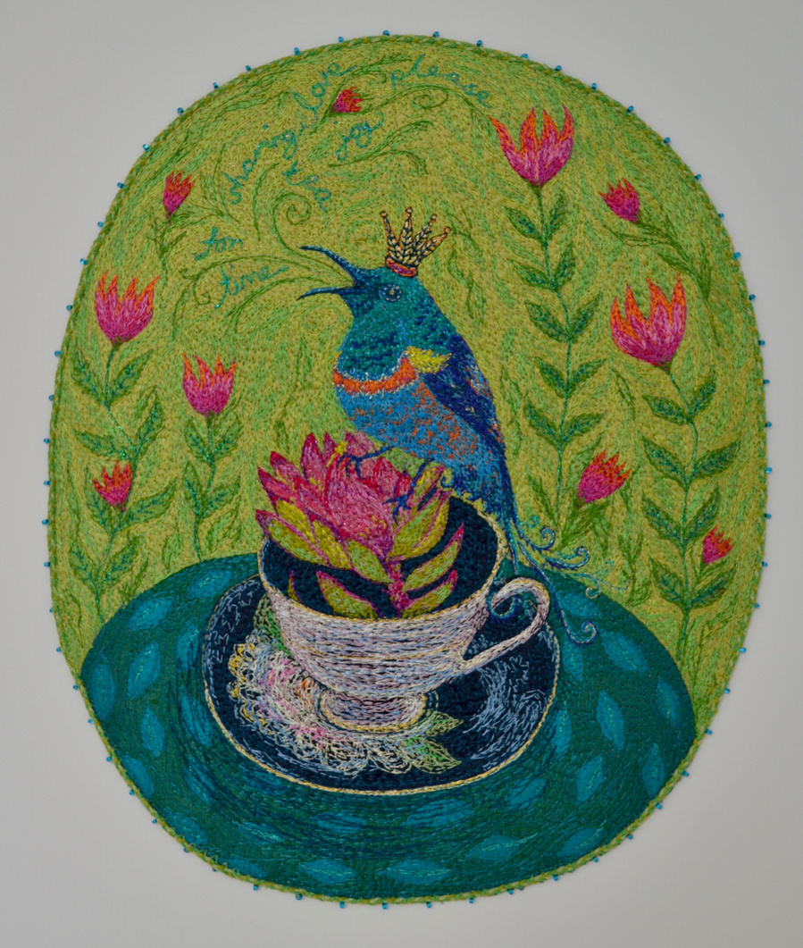 silk embroidery flowers art bird teacup original textiles saskia