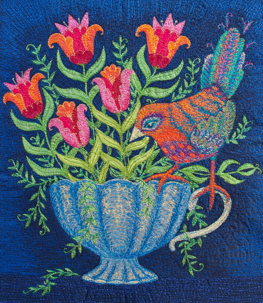 silk embroidery flowers art bird teacup original textiles saskia