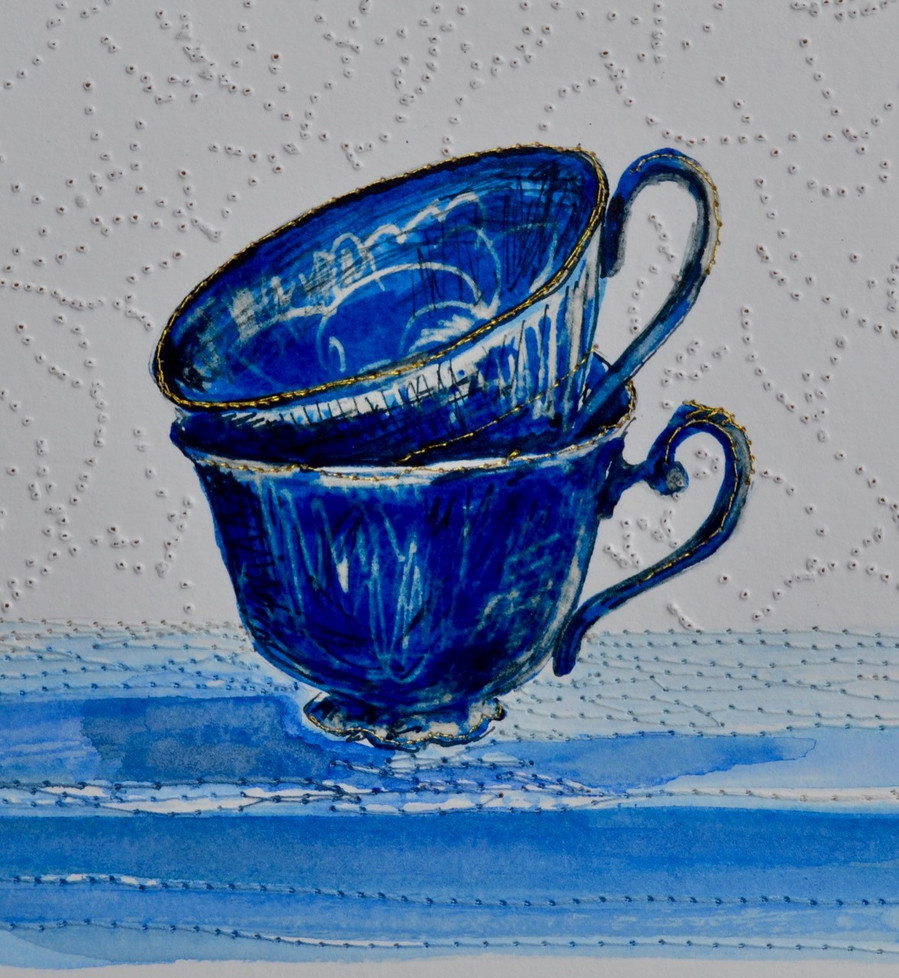 paper stitch saskia ink drawing original teacup colour blue