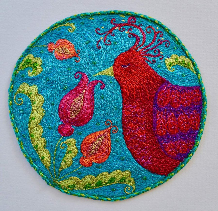 silk embroidery flowers art bird original textiles saskia