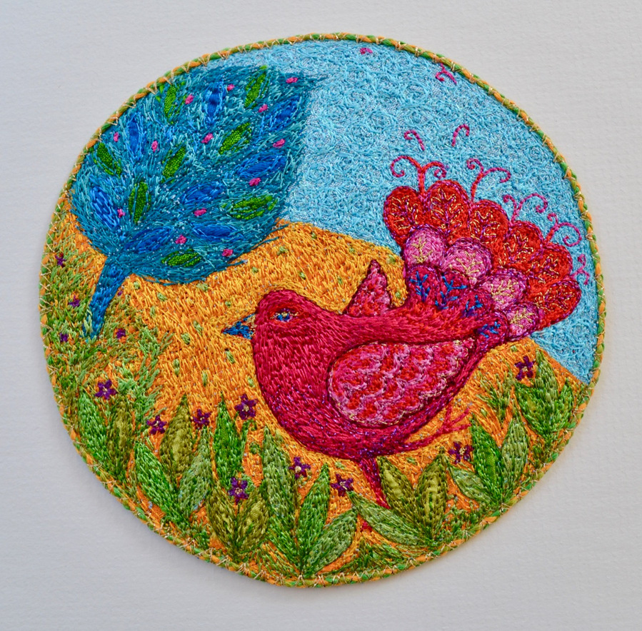 silk embroidery flowers art bird original textiles saskia