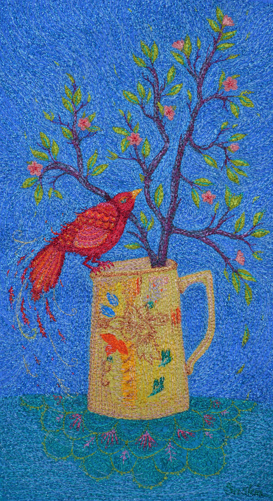silk embroidery flowers spring blossoms aon branch art red yellow vintage jug original textiles saskia