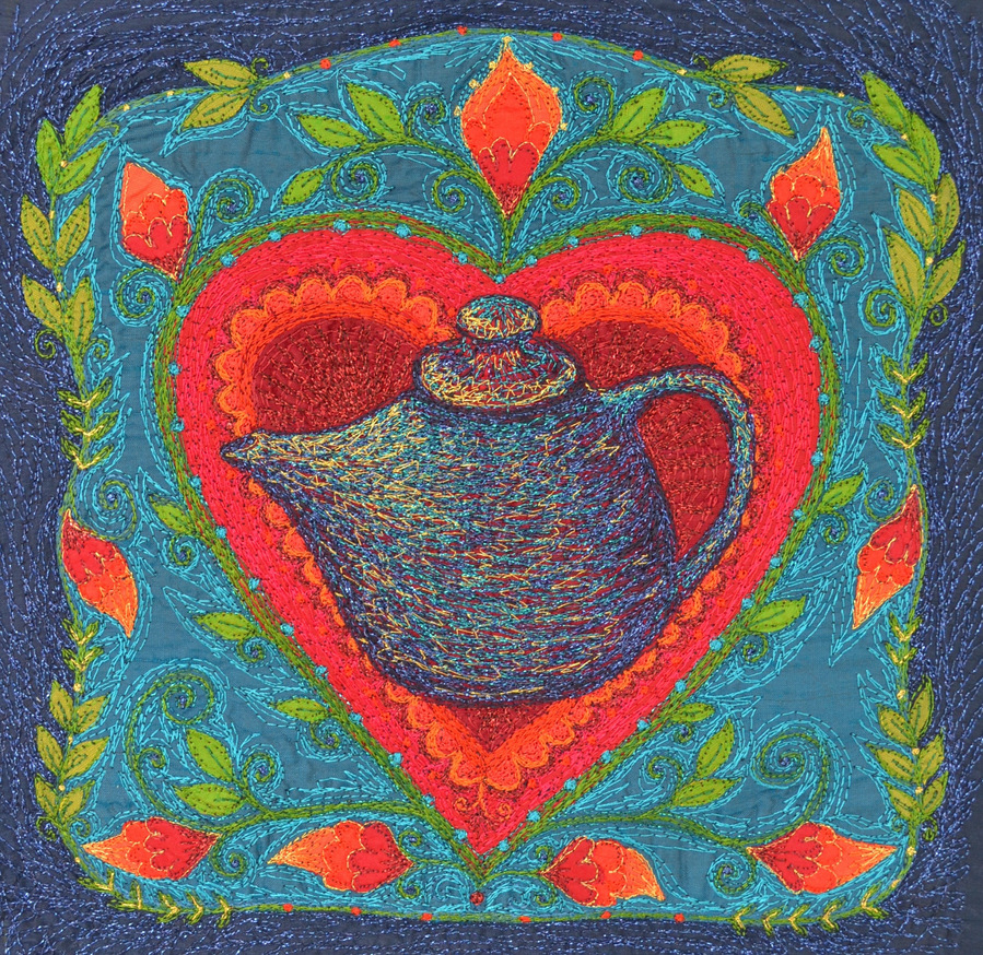 silk embroidery flowers art bird teapot original textiles saskia